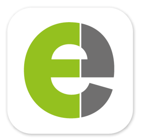 Ein stilisierter Buchstabe "e" in Grüntönen und Grau, umgeben von einer runden, schwarzen Kontur auf weißem Hintergrund.